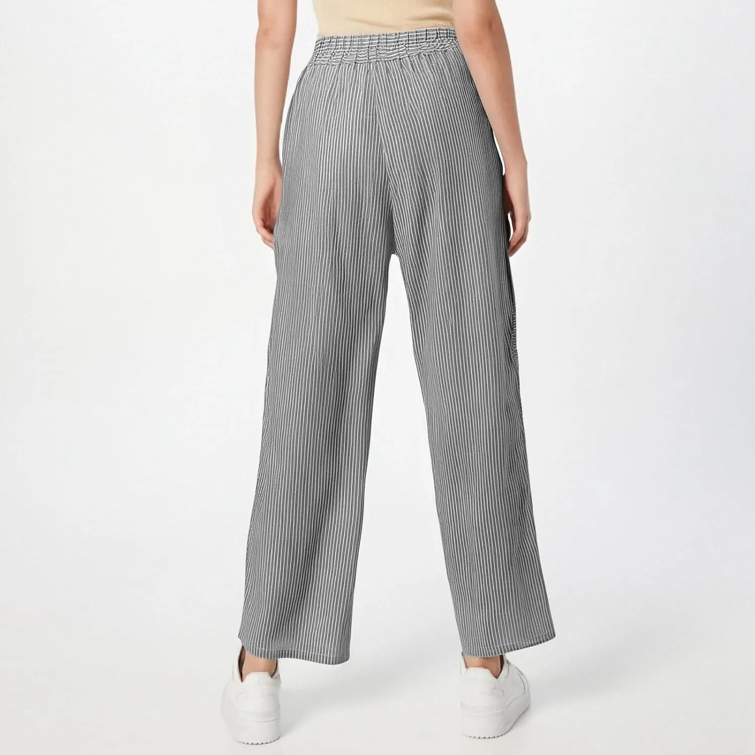 Summer Pants Women, Straight Leg Casual Pants Peasant Linen Elastic Waist Trendy