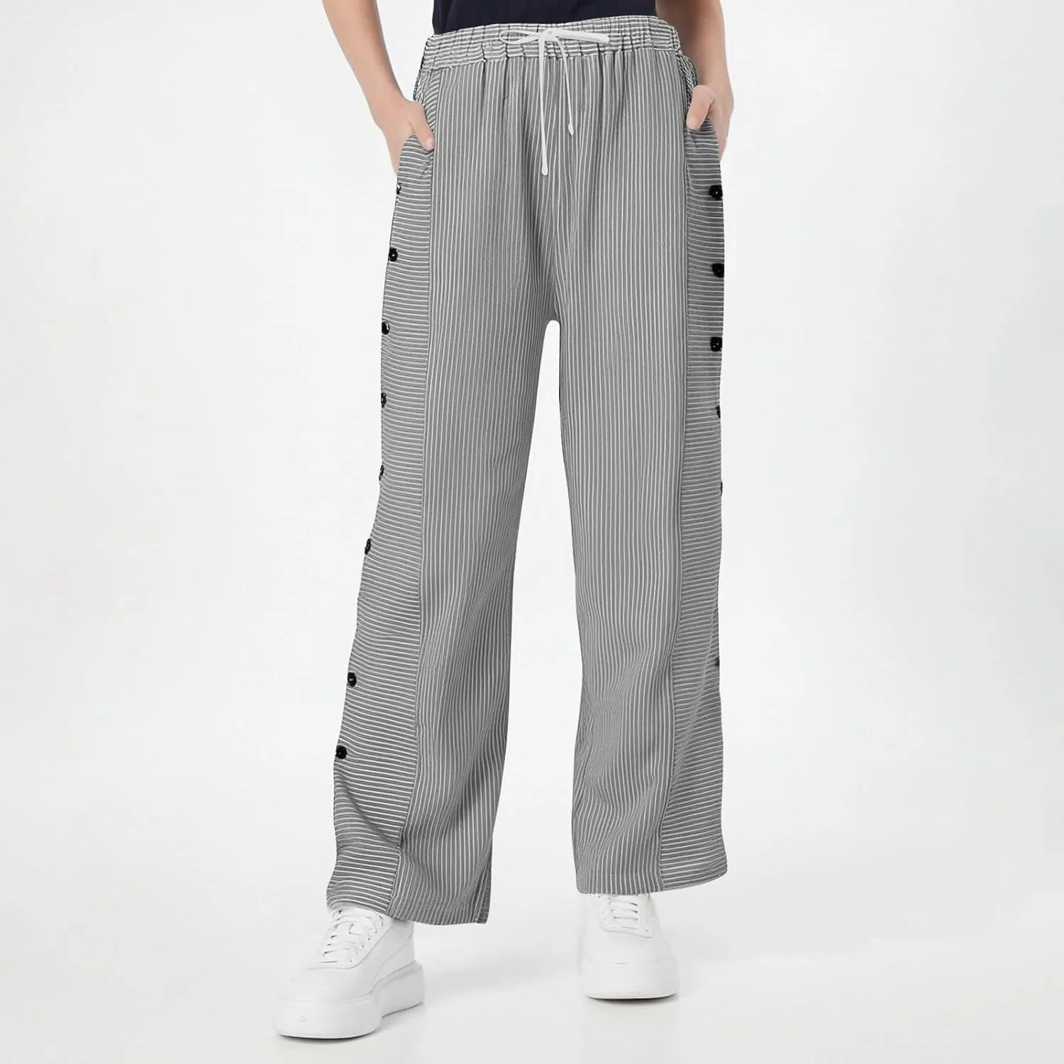 Summer Pants Women, Straight Leg Casual Pants Peasant Linen Elastic Waist Trendy