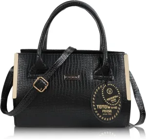 Synthetic Leather Classic Trendy Travel Satchel Shoulder Hobo Crossbody Women Handbag, Black, M
