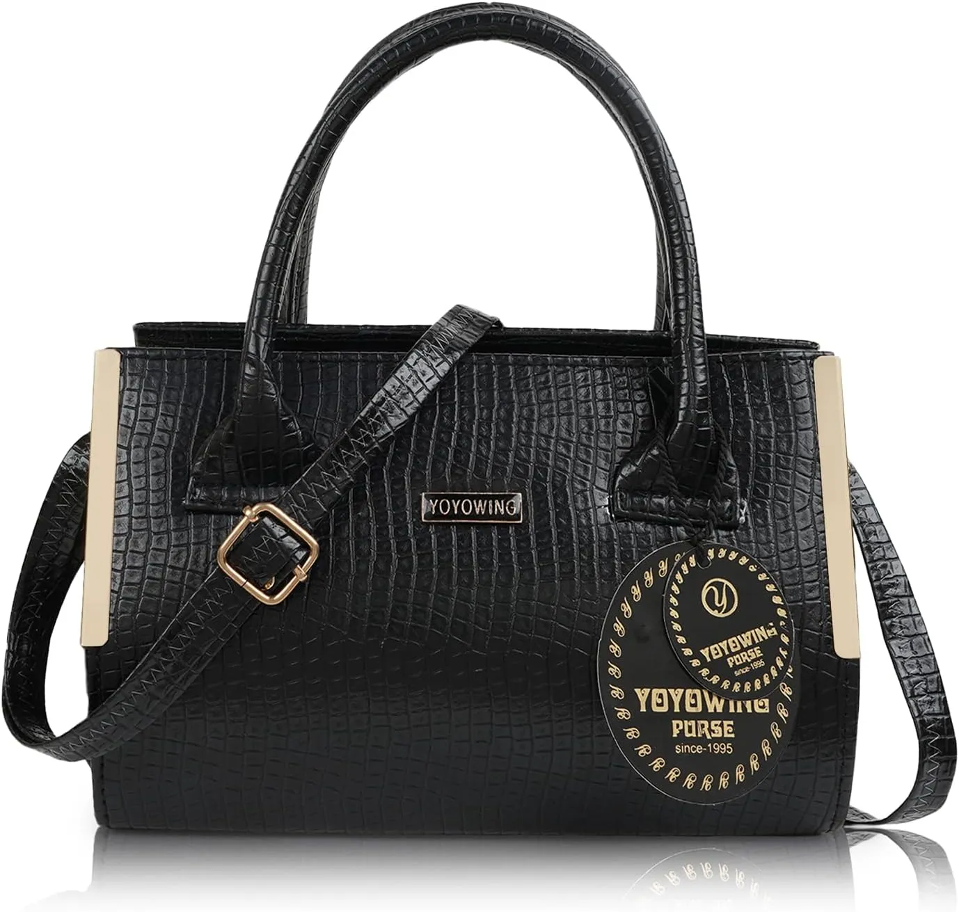 Synthetic Leather Classic Trendy Travel Satchel Shoulder Hobo Crossbody Women Handbag, Black, M