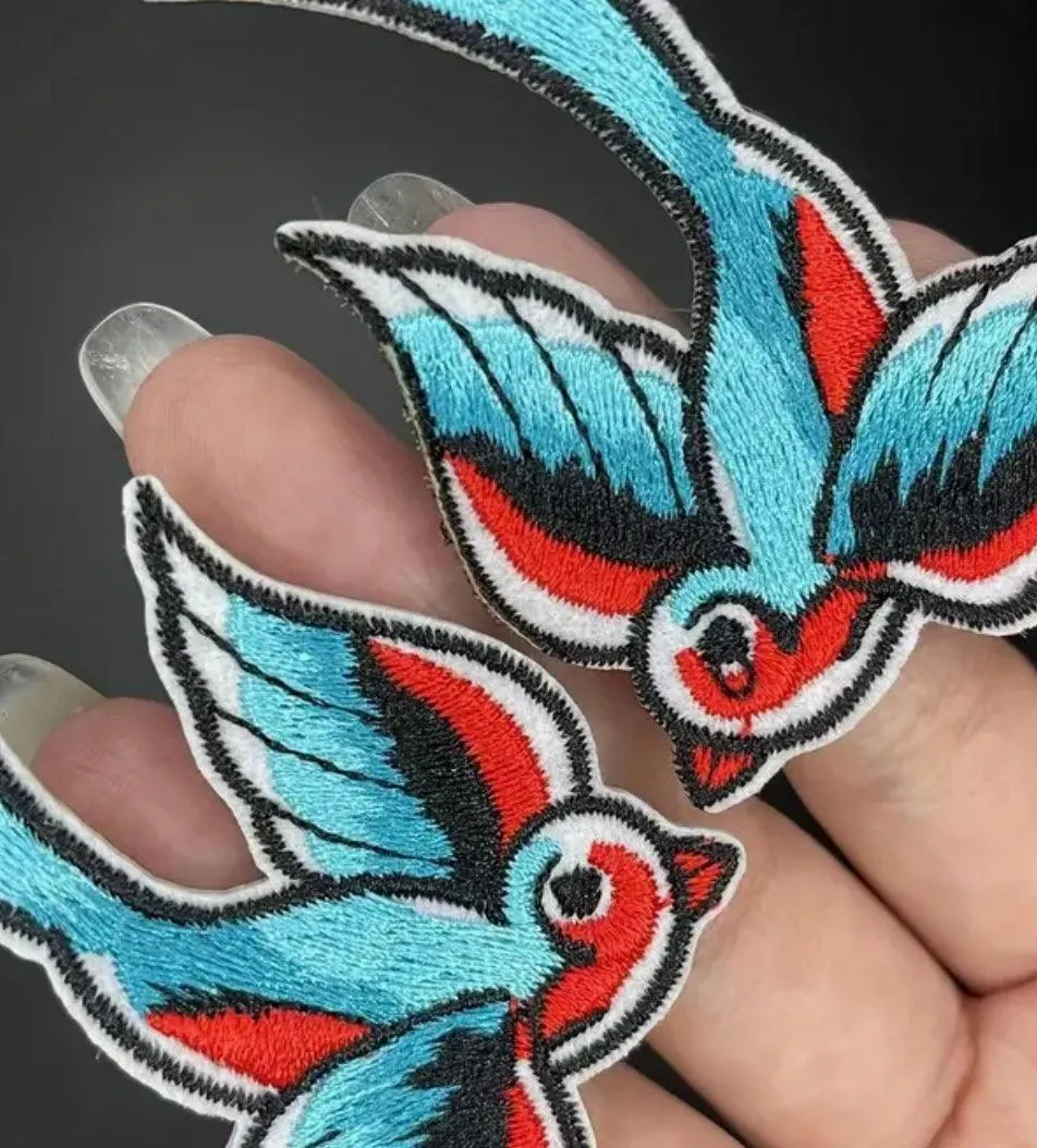 Tattoo Style Bluebird Pair- Embroidered Cloth Patch