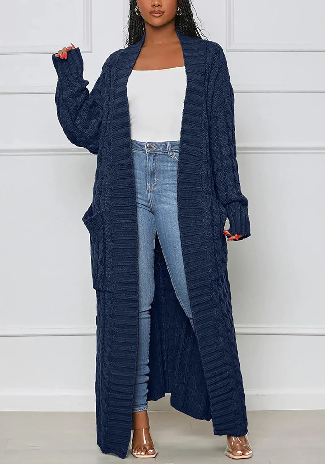 Tcremisa Long Cable Knit Cardigans for Women Chunky Open Front Maxi Sweater Coat Loose Dual Pocket Winter Outwear