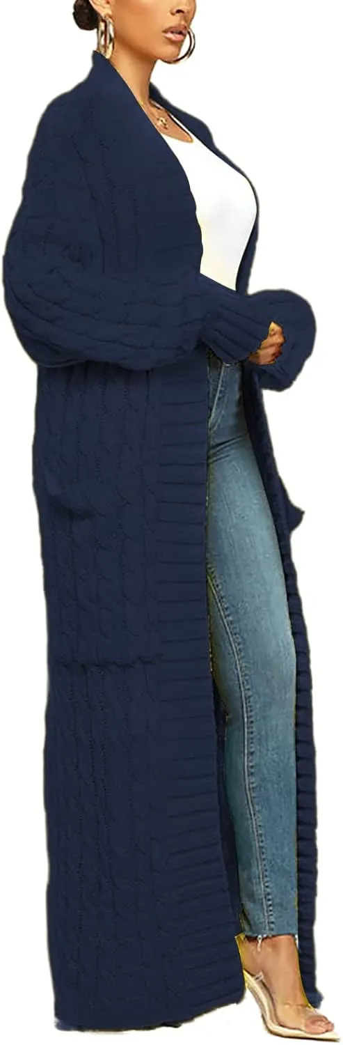 Tcremisa Long Cable Knit Cardigans for Women Chunky Open Front Maxi Sweater Coat Loose Dual Pocket Winter Outwear