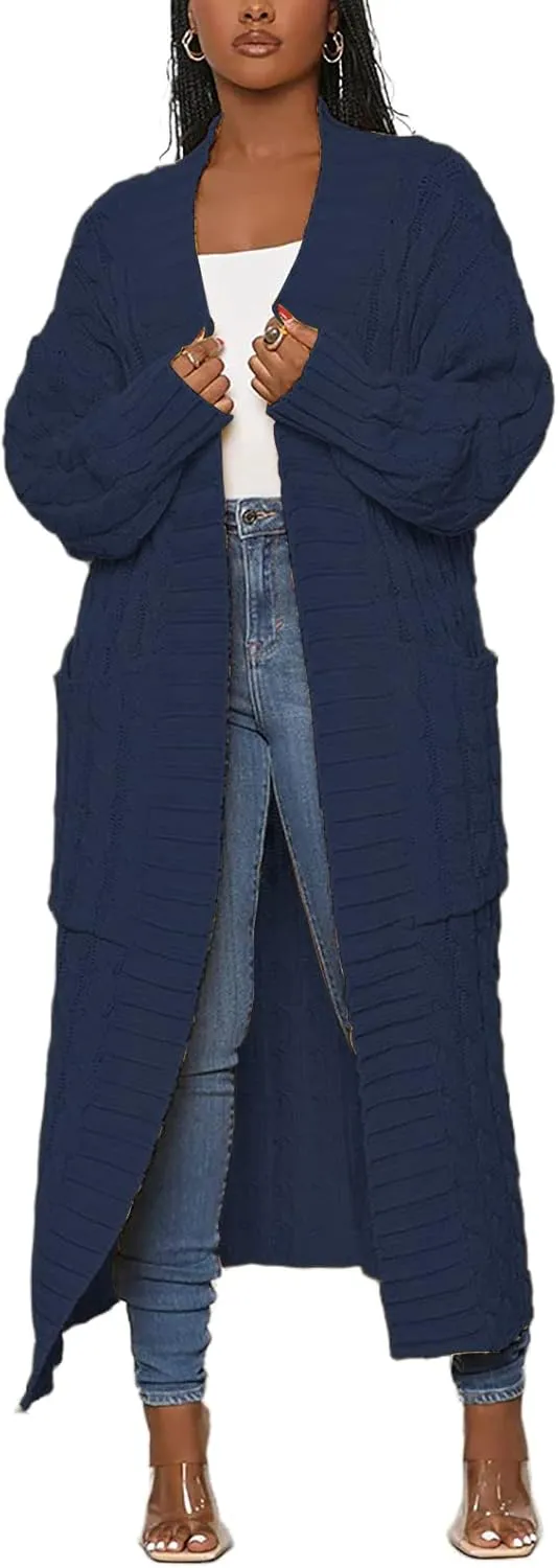Tcremisa Long Cable Knit Cardigans for Women Chunky Open Front Maxi Sweater Coat Loose Dual Pocket Winter Outwear