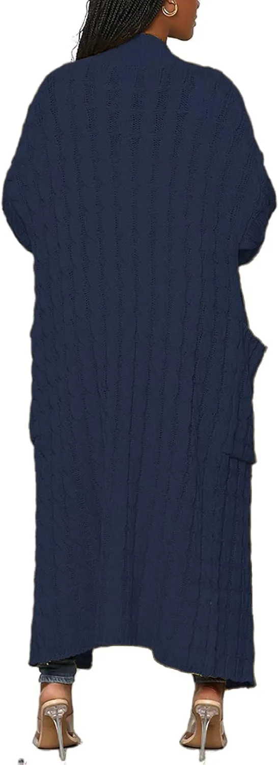 Tcremisa Long Cable Knit Cardigans for Women Chunky Open Front Maxi Sweater Coat Loose Dual Pocket Winter Outwear