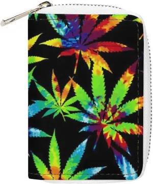 Tie Dye Marijuanaweed Leaf Art Leather Card Bag Suitable for Unisex Versatile for Daily Use