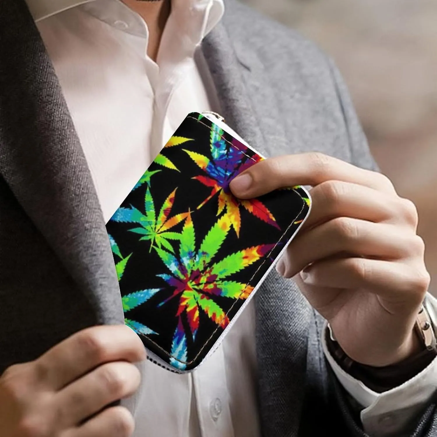 Tie Dye Marijuanaweed Leaf Art Leather Card Bag Suitable for Unisex Versatile for Daily Use