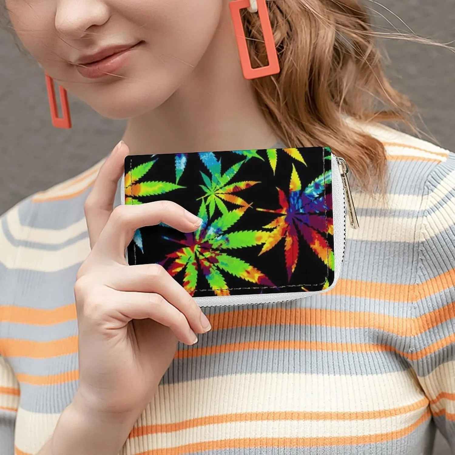Tie Dye Marijuanaweed Leaf Art Leather Card Bag Suitable for Unisex Versatile for Daily Use
