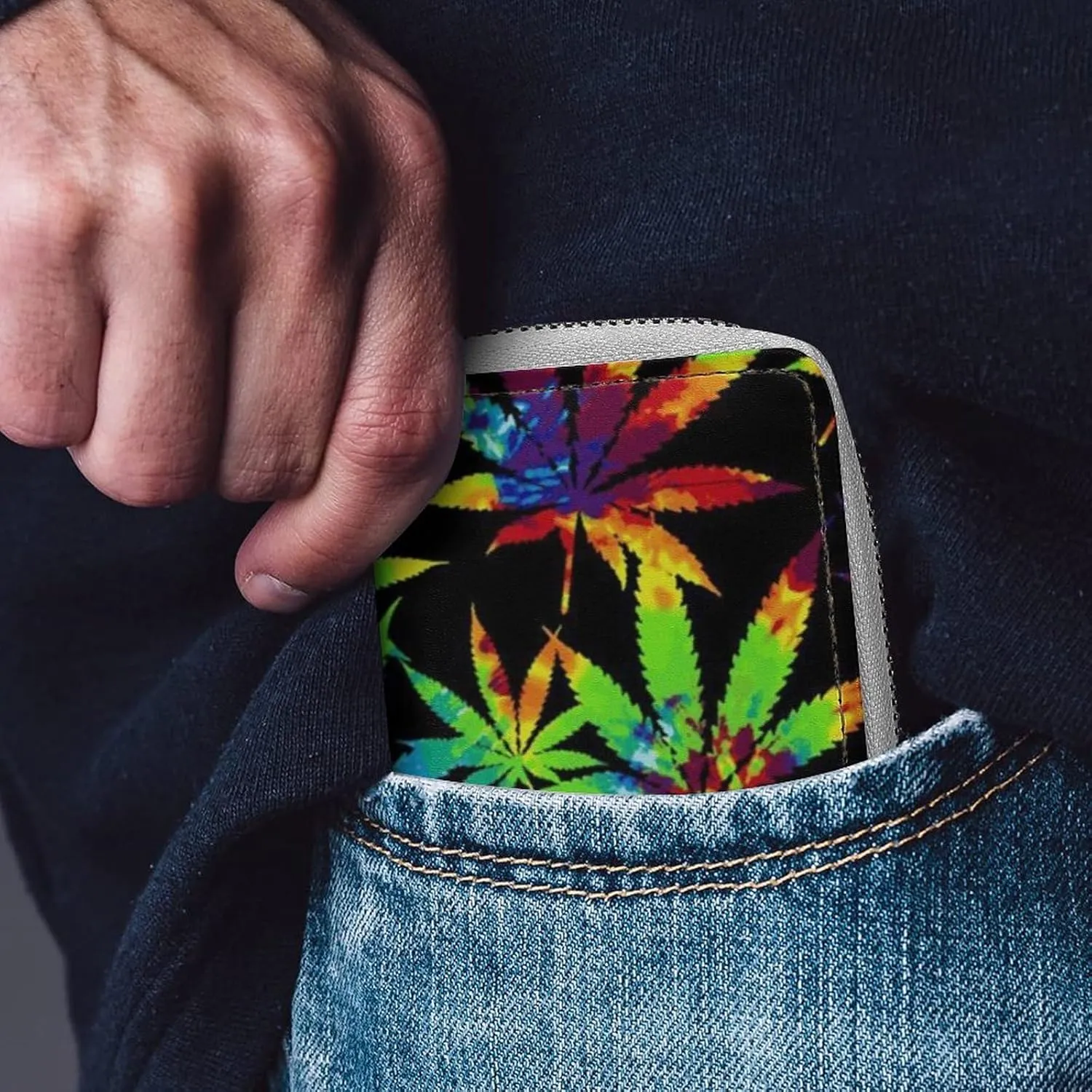 Tie Dye Marijuanaweed Leaf Art Leather Card Bag Suitable for Unisex Versatile for Daily Use