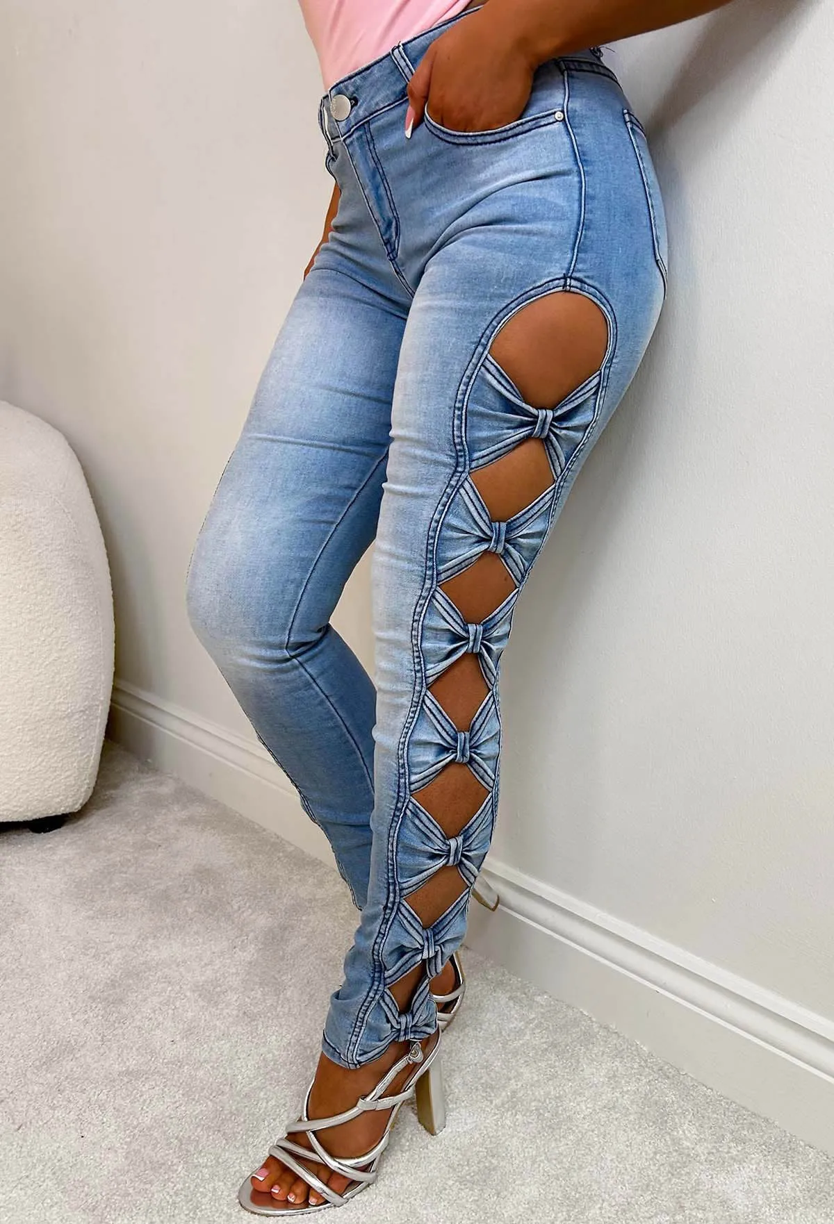 Tied With A Bow Light Blue Stretch Side Bow Skinny Jeans