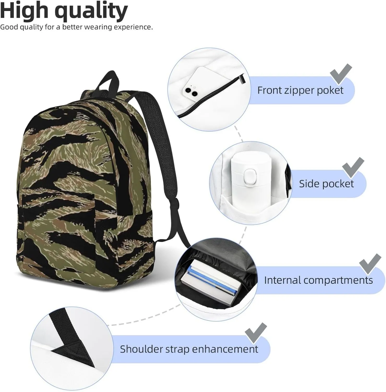 Tiger Stripe Camo Print Versatile Backpack Travel Backpack, Laptop Holder - Casual Daypack 15 In Laptops"