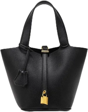 Trendy Plain Color Leather Handbag with Lock Design,Bucket Bag Vegetable Basket,Versatile Shoulder Handbag.