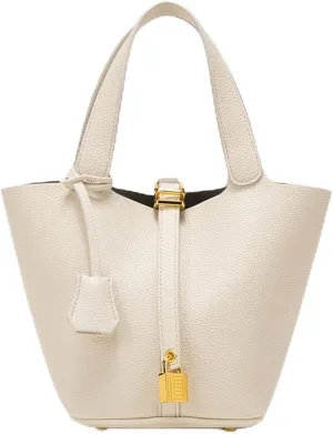 Trendy Plain Color Leather Handbag with Lock Design,Bucket Bag Vegetable Basket,Versatile Shoulder Handbag.