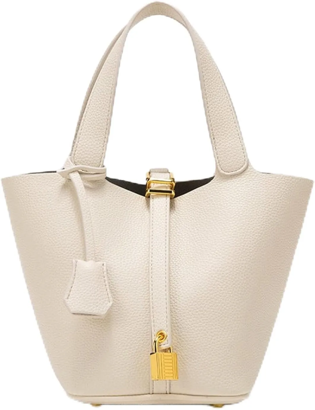 Trendy Plain Color Leather Handbag with Lock Design,Bucket Bag Vegetable Basket,Versatile Shoulder Handbag.