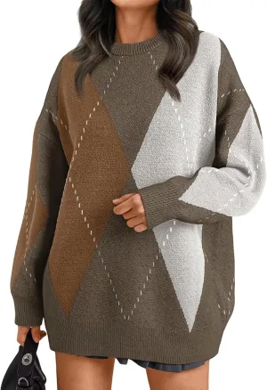 Trendy Queen Women's Color Block Argyle Plaid Oversized Chunky Knit Crewneck Sweaters 2024