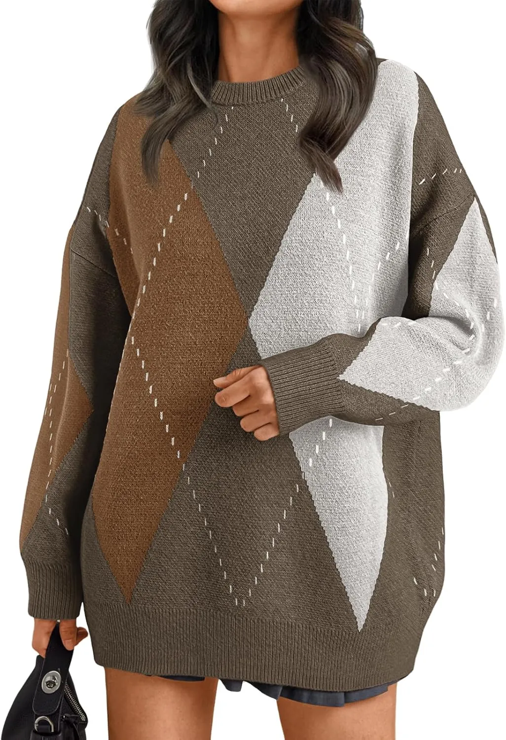 Trendy Queen Women's Color Block Argyle Plaid Oversized Chunky Knit Crewneck Sweaters 2024