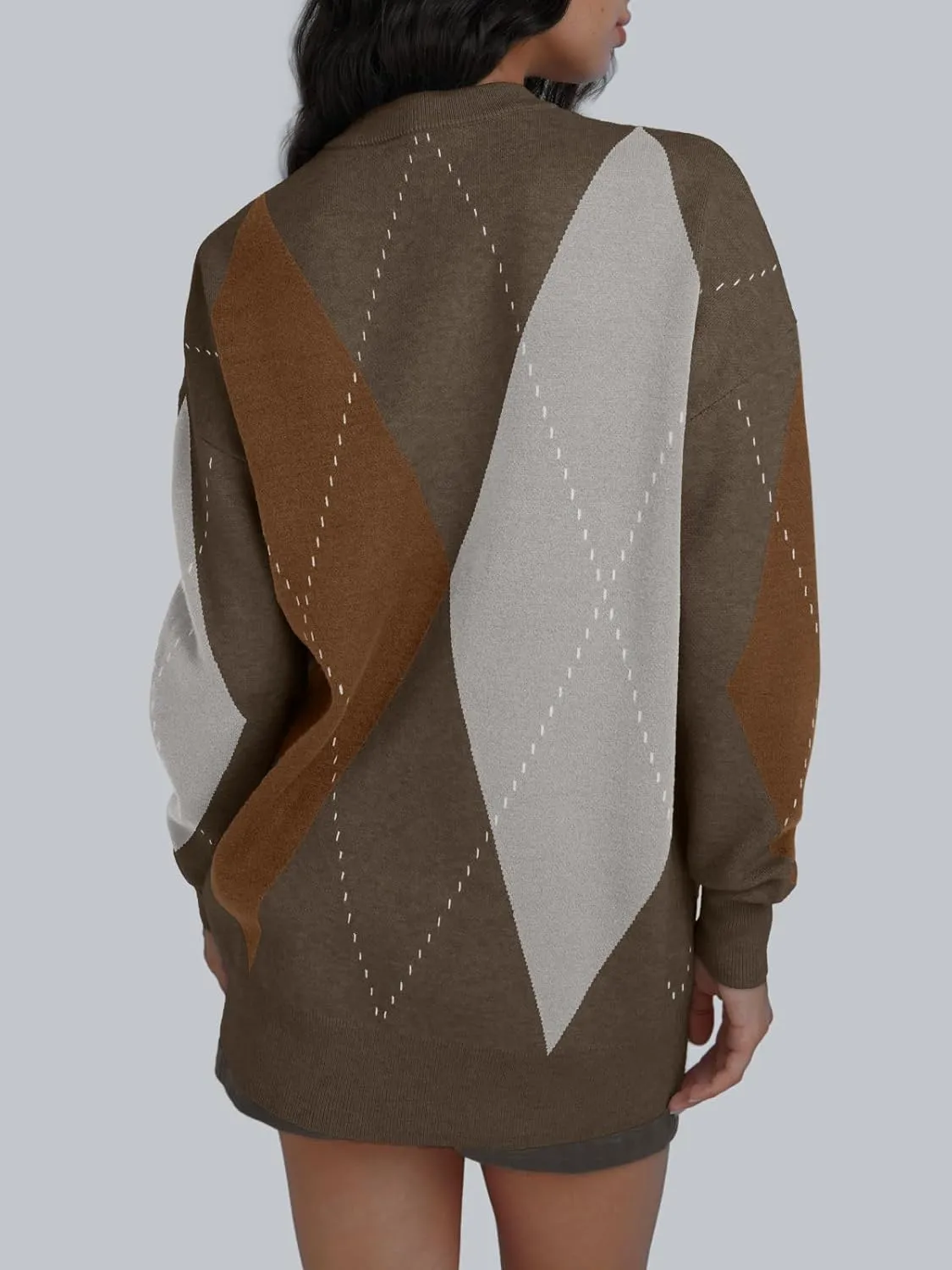 Trendy Queen Women's Color Block Argyle Plaid Oversized Chunky Knit Crewneck Sweaters 2024