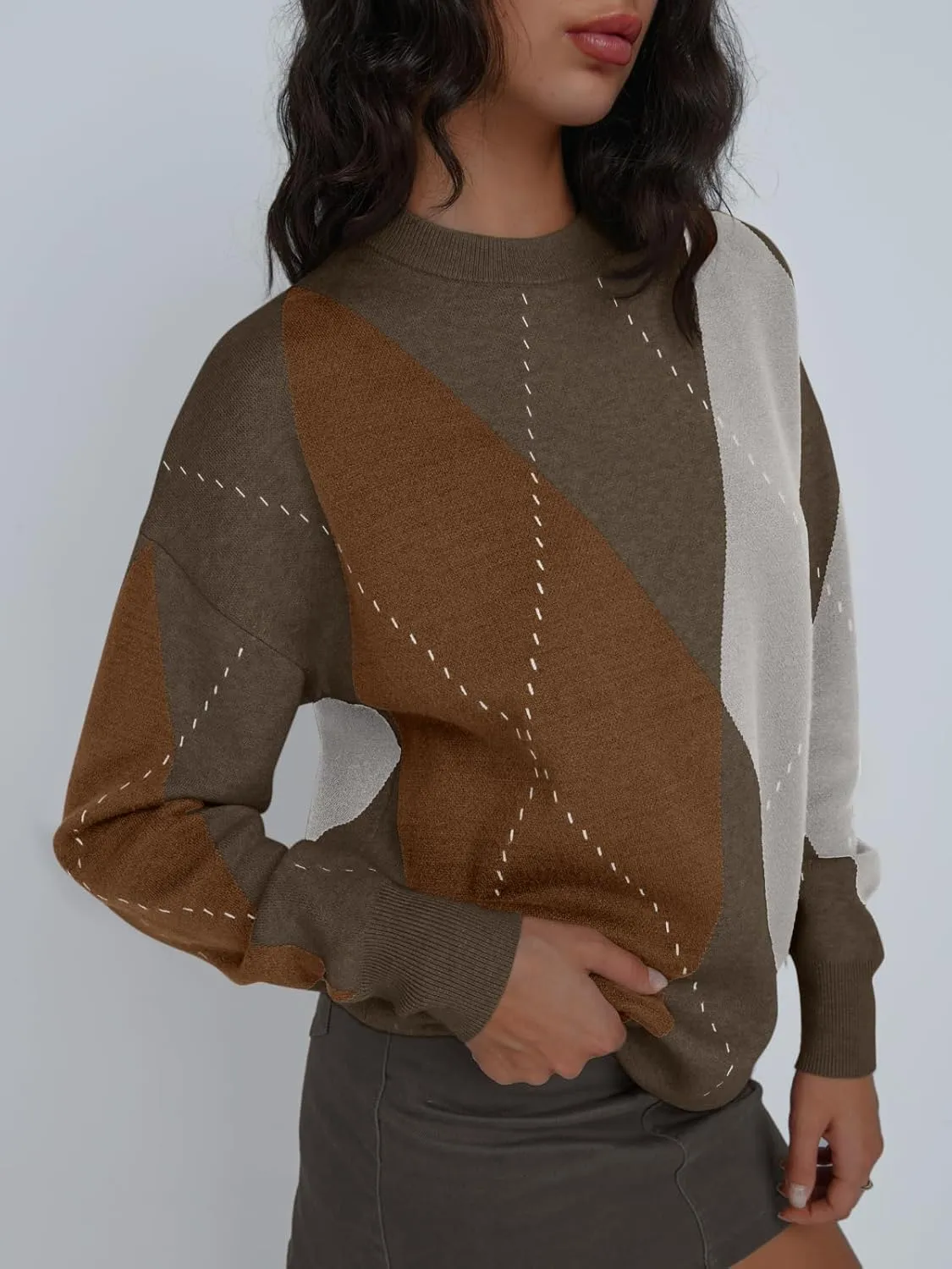 Trendy Queen Women's Color Block Argyle Plaid Oversized Chunky Knit Crewneck Sweaters 2024