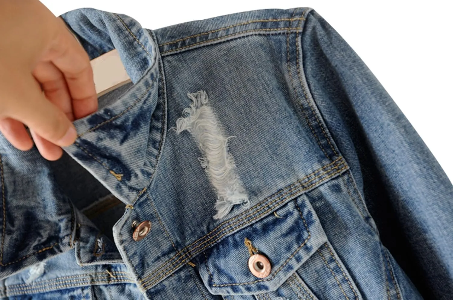 Trendy XU Spring Women Vintage Slim Fit Denim Coat Destroyed Cropped Jeans Jacket