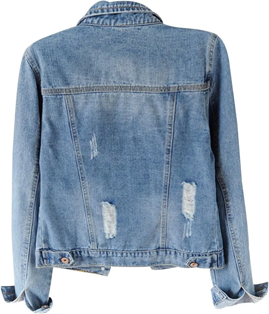 Trendy XU Spring Women Vintage Slim Fit Denim Coat Destroyed Cropped Jeans Jacket