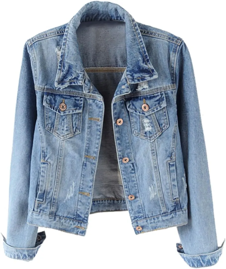 Trendy XU Spring Women Vintage Slim Fit Denim Coat Destroyed Cropped Jeans Jacket