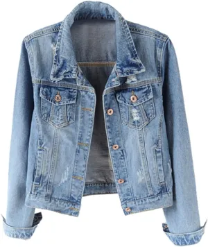 Trendy XU Spring Women Vintage Slim Fit Denim Coat Destroyed Cropped Jeans Jacket