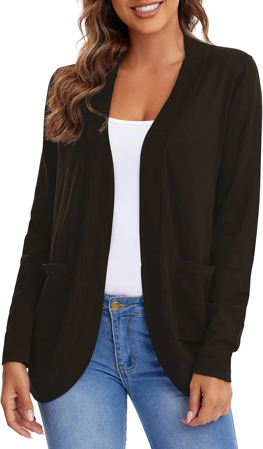 Urban CoCo Women's Long Sleeve Knit Sweater Cardigans Curved Hem Open Front with Pockets