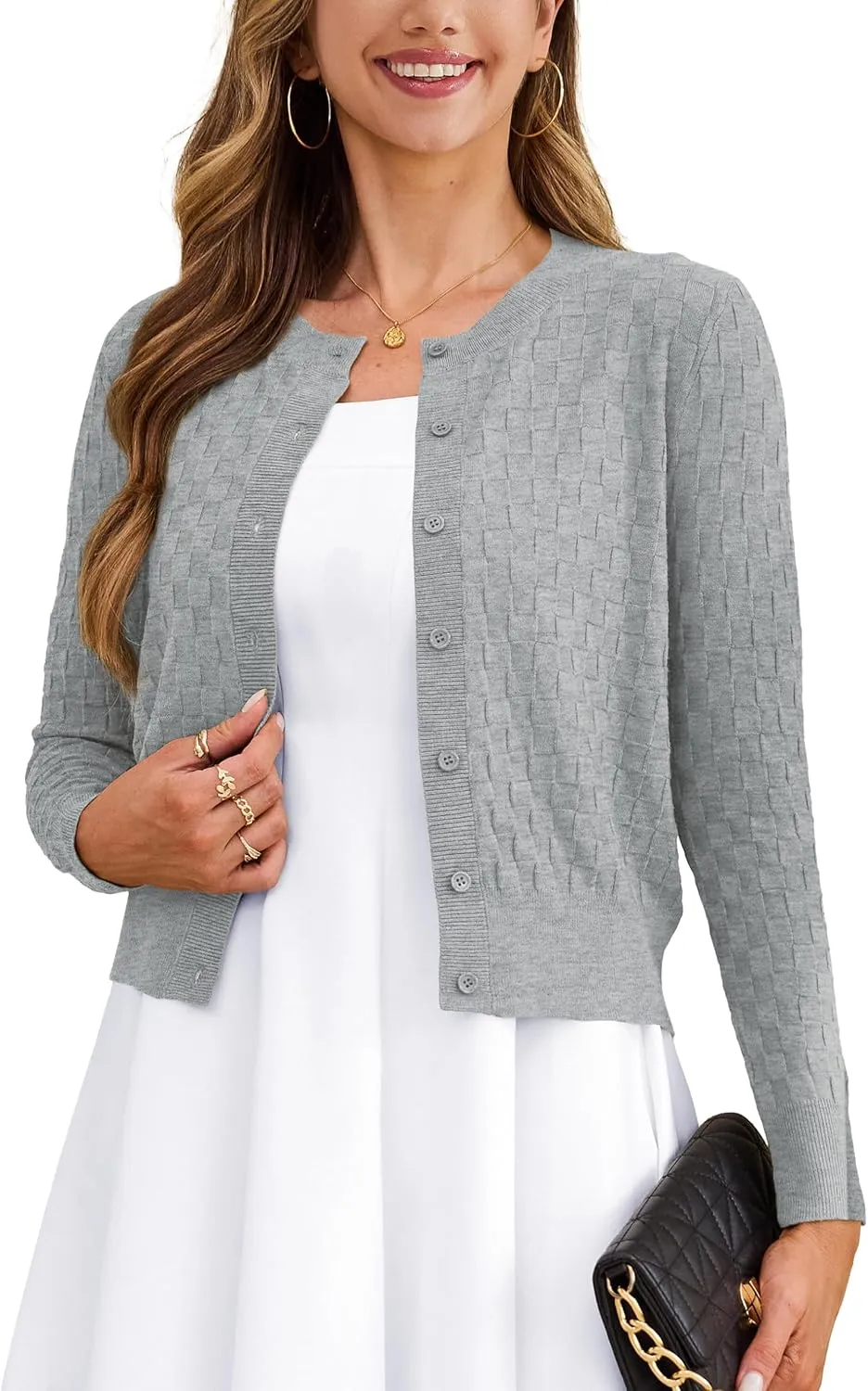 VERABENDI Women's Cute Checkered Short Cardigans Cropped Cardigan Sweaters Button Open Front Bolero Shrugs for Dresses S-XL