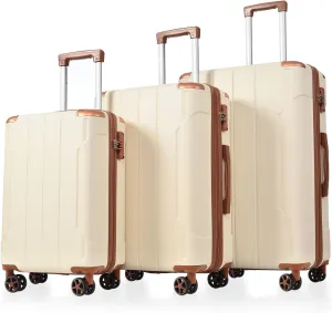 Versatile 3-Piece Luggage Set, Expandable Hard Shell Suitcases with Double Spinner Wheels, White & Brown