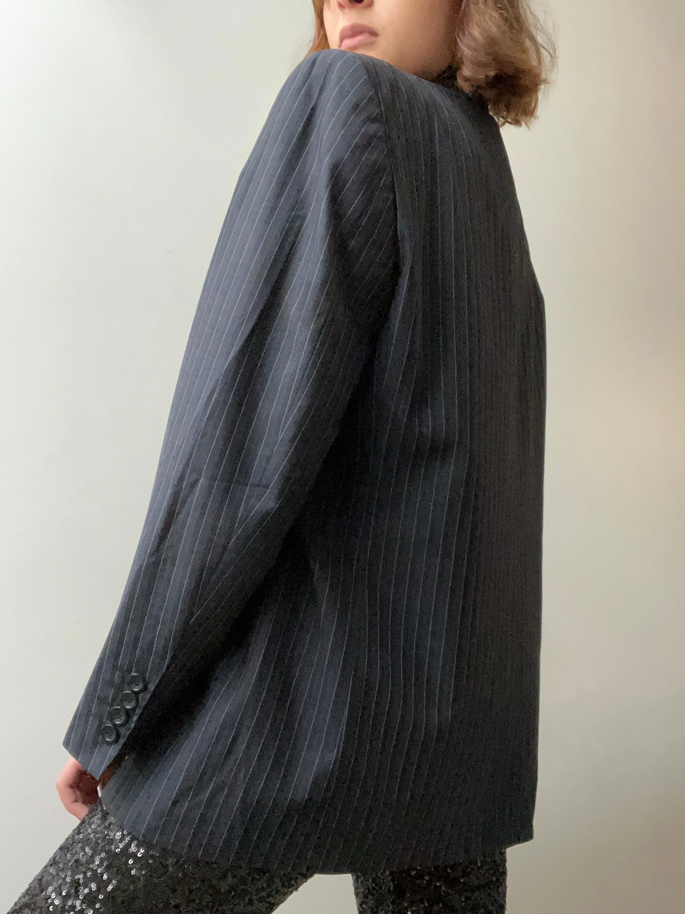 Vintage Black Navy Self Stripe Blazer