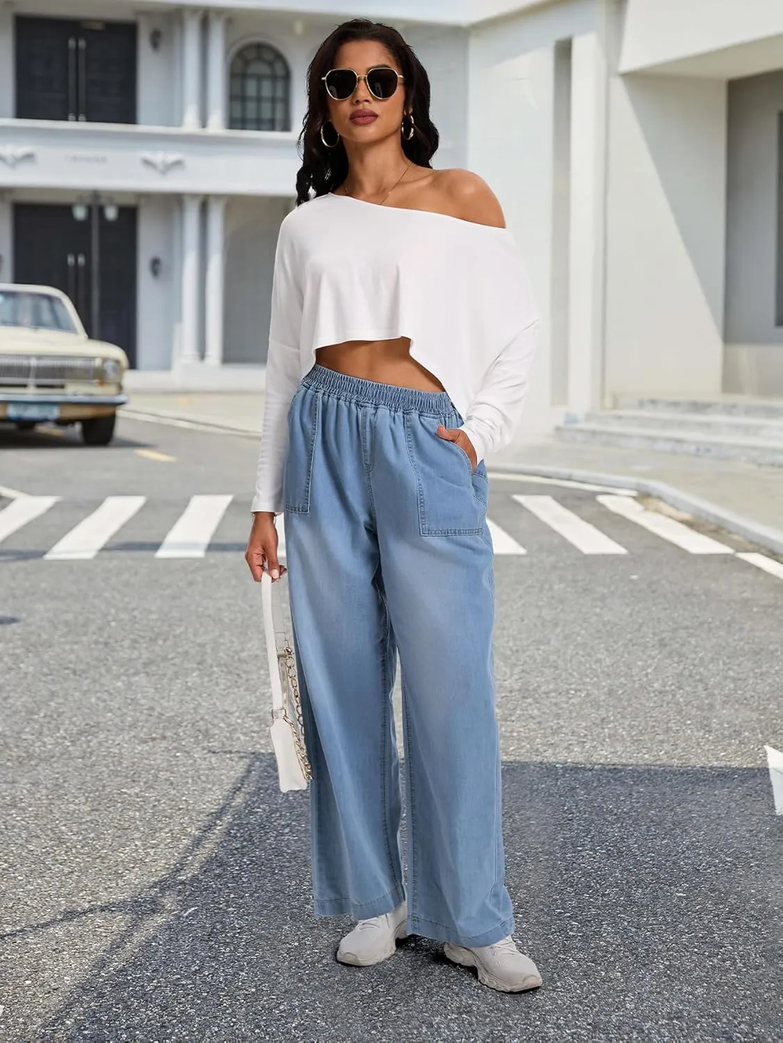 Wide Leg Elastic Waist Jeans for Women Trendy High Waist Stretchy Soft Drape Baggy Jeans Multi Pockets Womens Pants