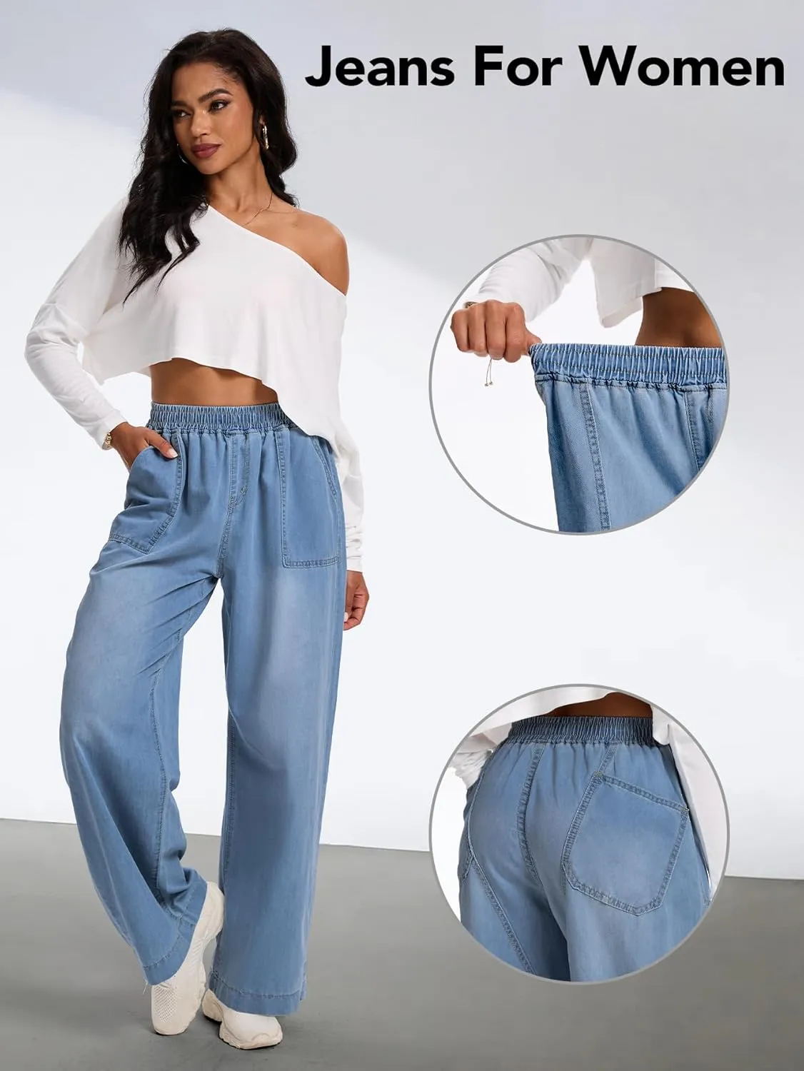 Wide Leg Elastic Waist Jeans for Women Trendy High Waist Stretchy Soft Drape Baggy Jeans Multi Pockets Womens Pants