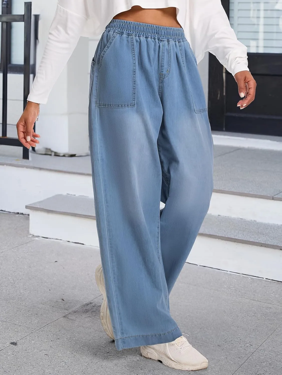 Wide Leg Elastic Waist Jeans for Women Trendy High Waist Stretchy Soft Drape Baggy Jeans Multi Pockets Womens Pants