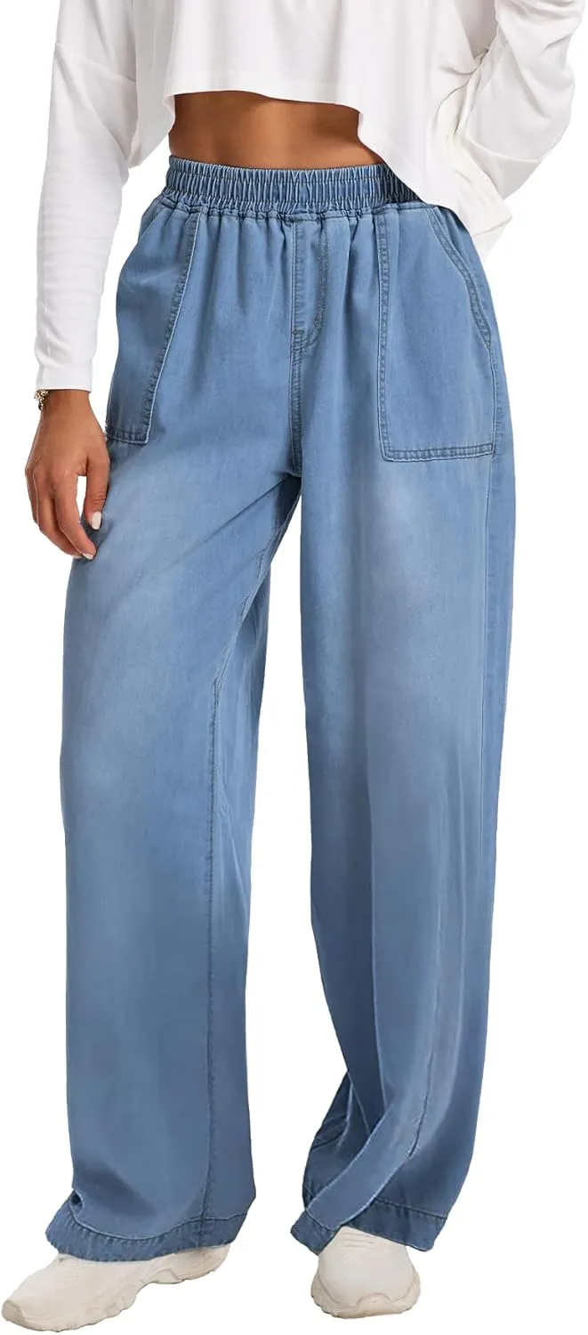 Wide Leg Elastic Waist Jeans for Women Trendy High Waist Stretchy Soft Drape Baggy Jeans Multi Pockets Womens Pants