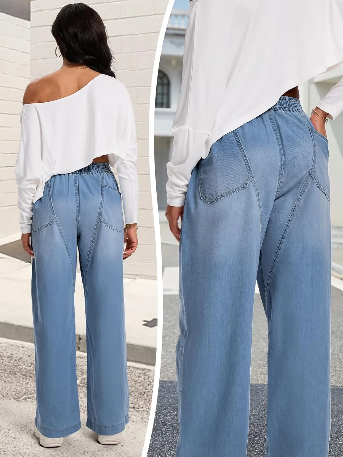 Wide Leg Elastic Waist Jeans for Women Trendy High Waist Stretchy Soft Drape Baggy Jeans Multi Pockets Womens Pants