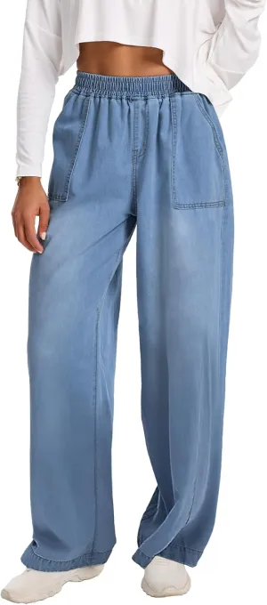 Wide Leg Elastic Waist Jeans for Women Trendy High Waist Stretchy Soft Drape Baggy Jeans Multi Pockets Womens Pants