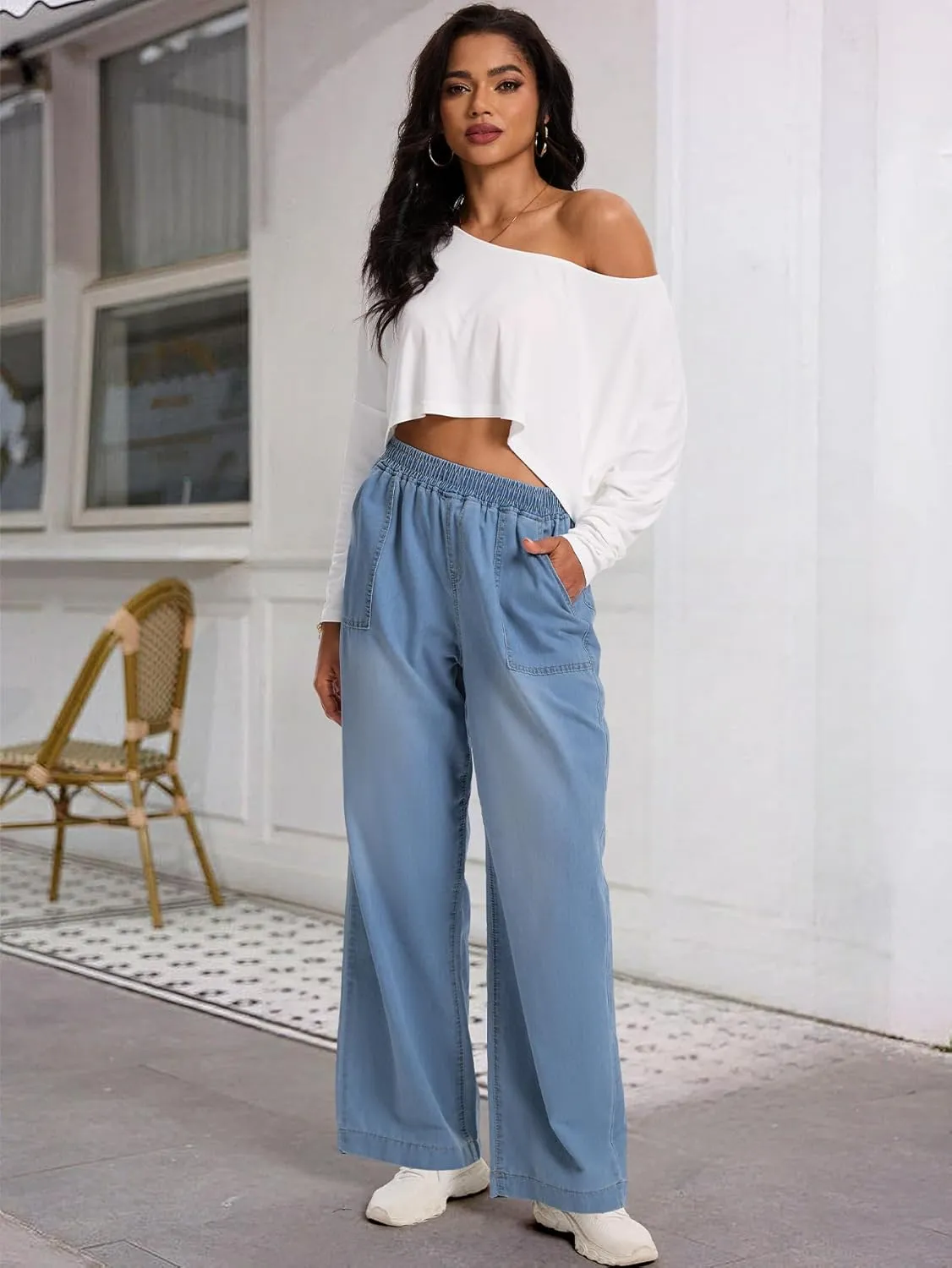 Wide Leg Elastic Waist Jeans for Women Trendy High Waist Stretchy Soft Drape Baggy Jeans Multi Pockets Womens Pants