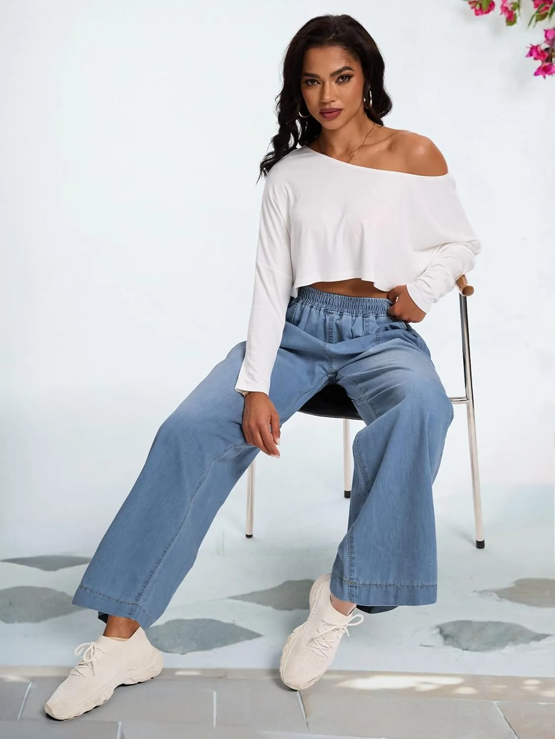 Wide Leg Elastic Waist Jeans for Women Trendy High Waist Stretchy Soft Drape Baggy Jeans Multi Pockets Womens Pants