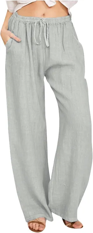 Wide Leg Linen Pants for Women Soft Casual Comfortable Elastic Waist Loose Drawstring Tie Pants Summer Beach Pockets Trousers