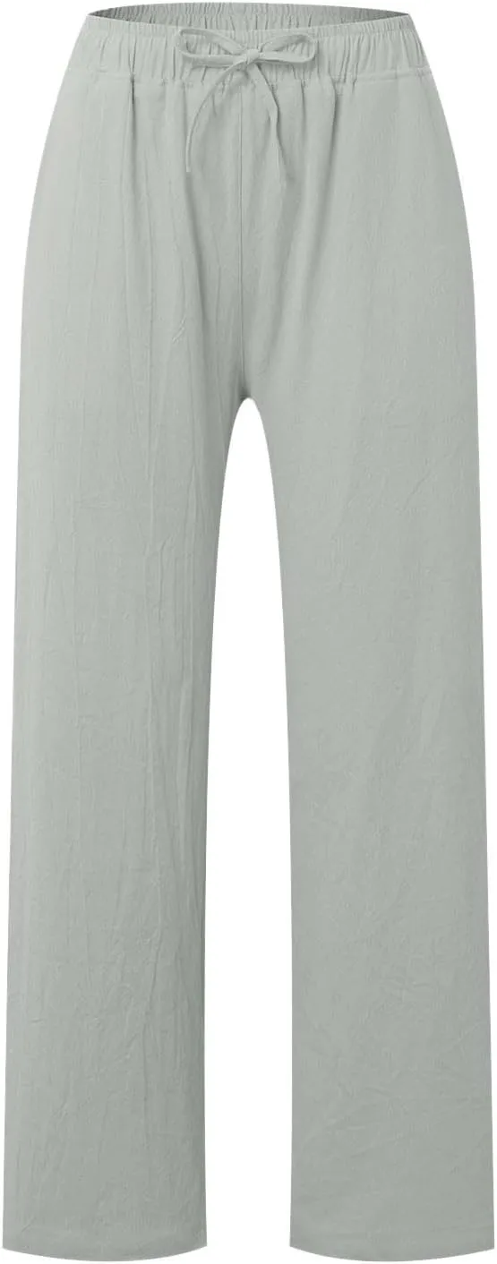 Wide Leg Linen Pants for Women Soft Casual Comfortable Elastic Waist Loose Drawstring Tie Pants Summer Beach Pockets Trousers