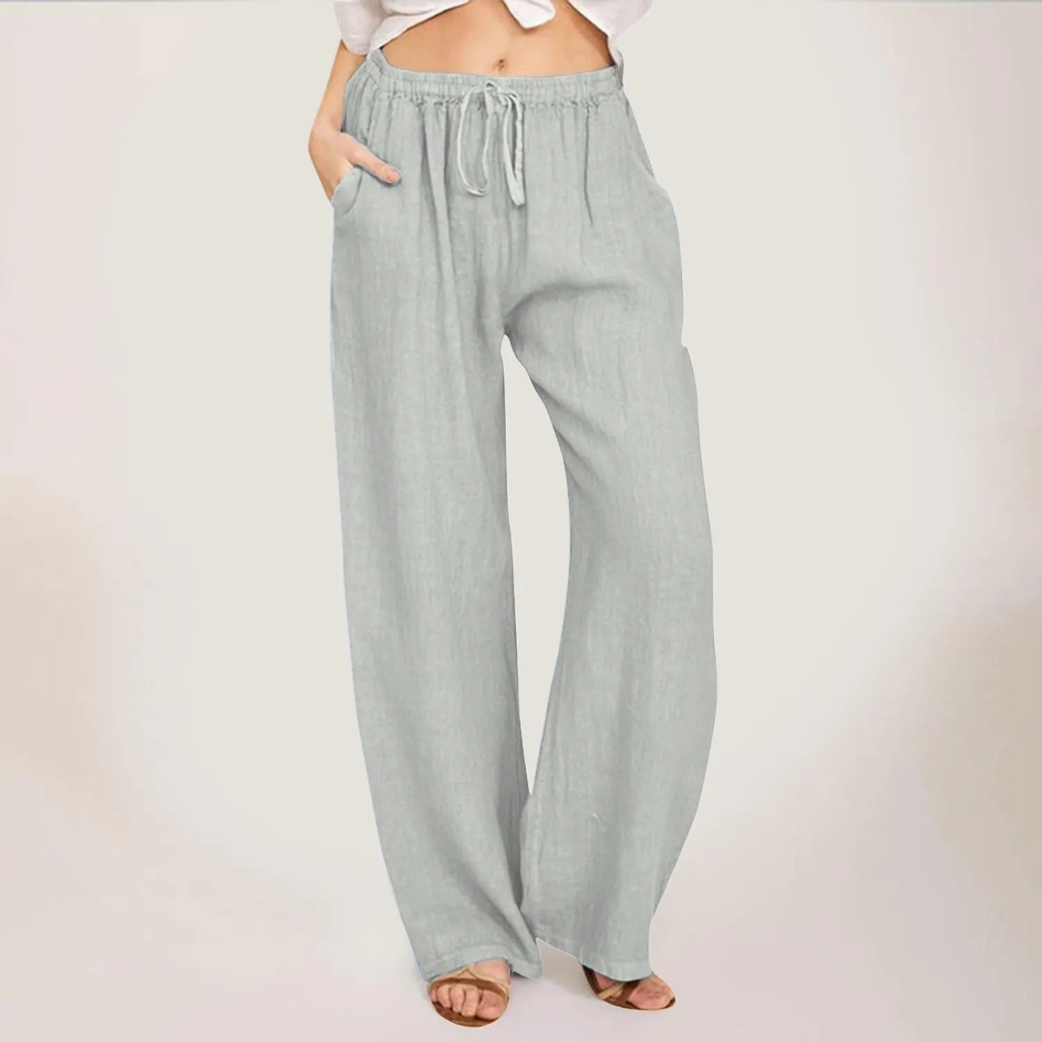Wide Leg Linen Pants for Women Soft Casual Comfortable Elastic Waist Loose Drawstring Tie Pants Summer Beach Pockets Trousers