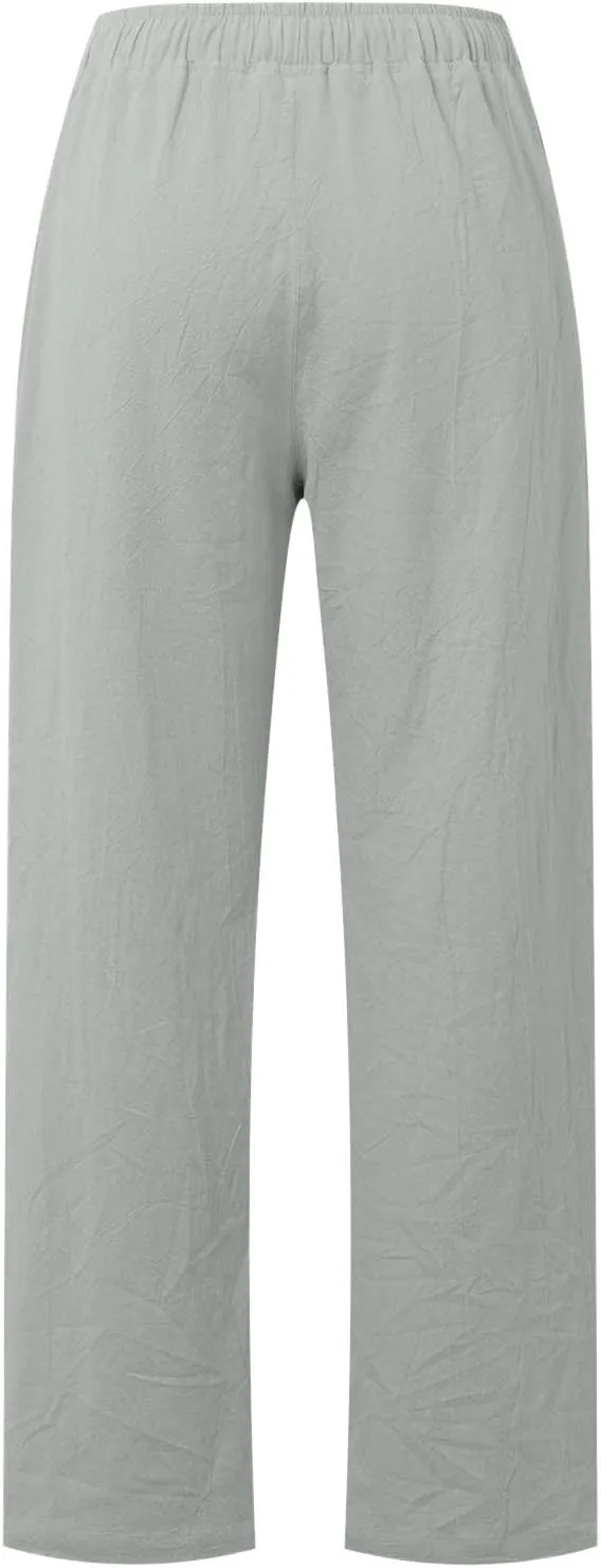 Wide Leg Linen Pants for Women Soft Casual Comfortable Elastic Waist Loose Drawstring Tie Pants Summer Beach Pockets Trousers