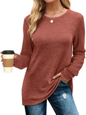 WIHOLL Womens Long Sleeve Tops Round Neck Dress Shirts Trendy Fashion 2024