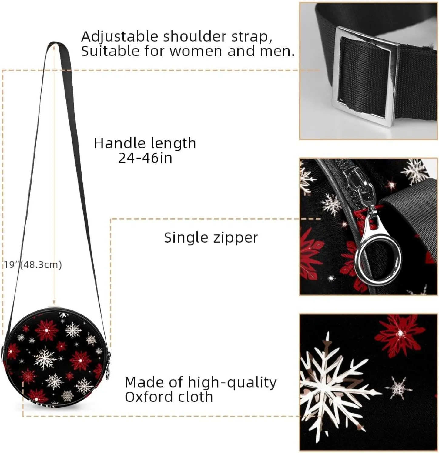 Women Fashionable Crossbody Bag  Versatile Round Bag for Every Occasion, Christmas Snowflake print