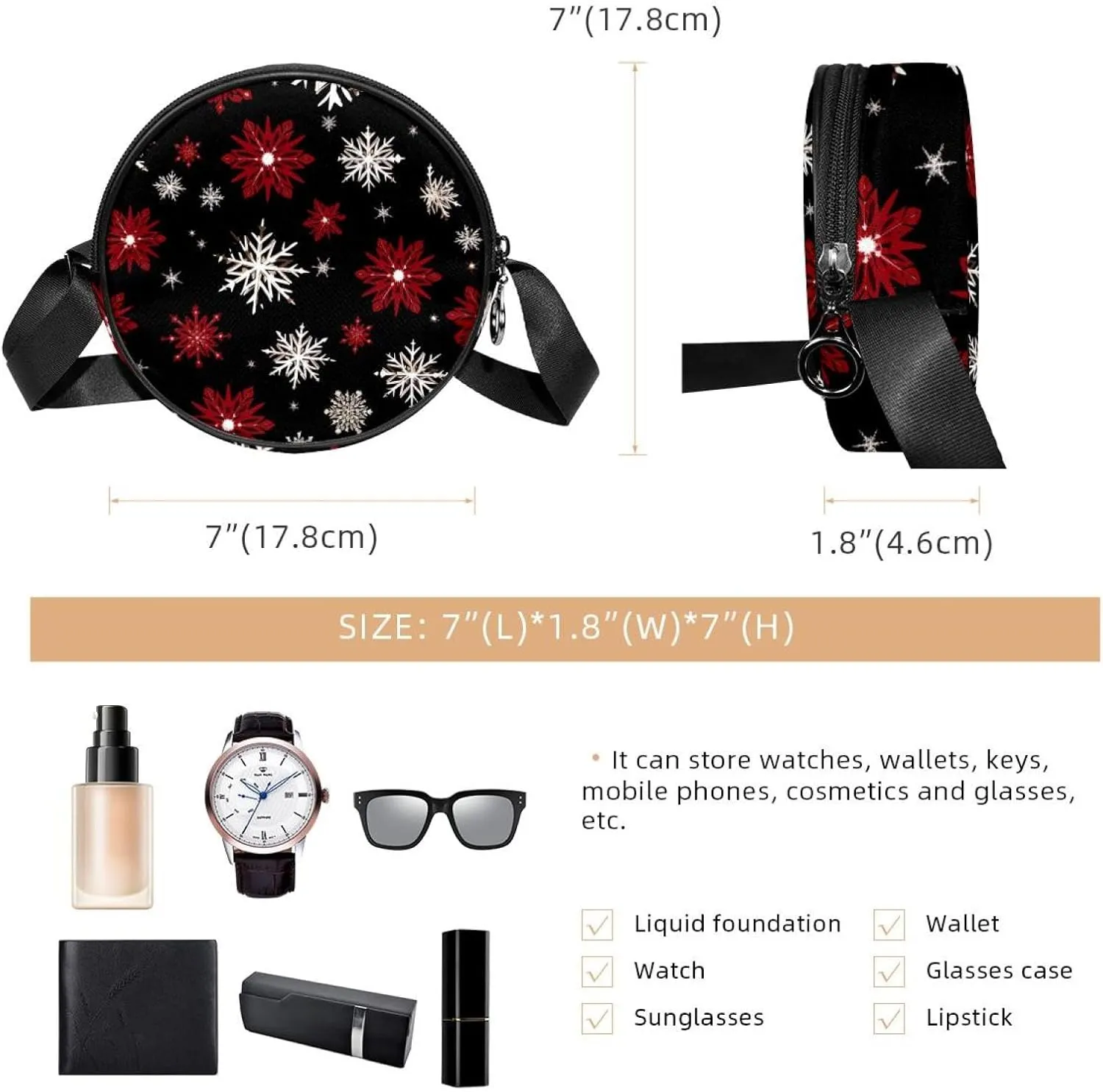 Women Fashionable Crossbody Bag  Versatile Round Bag for Every Occasion, Christmas Snowflake print