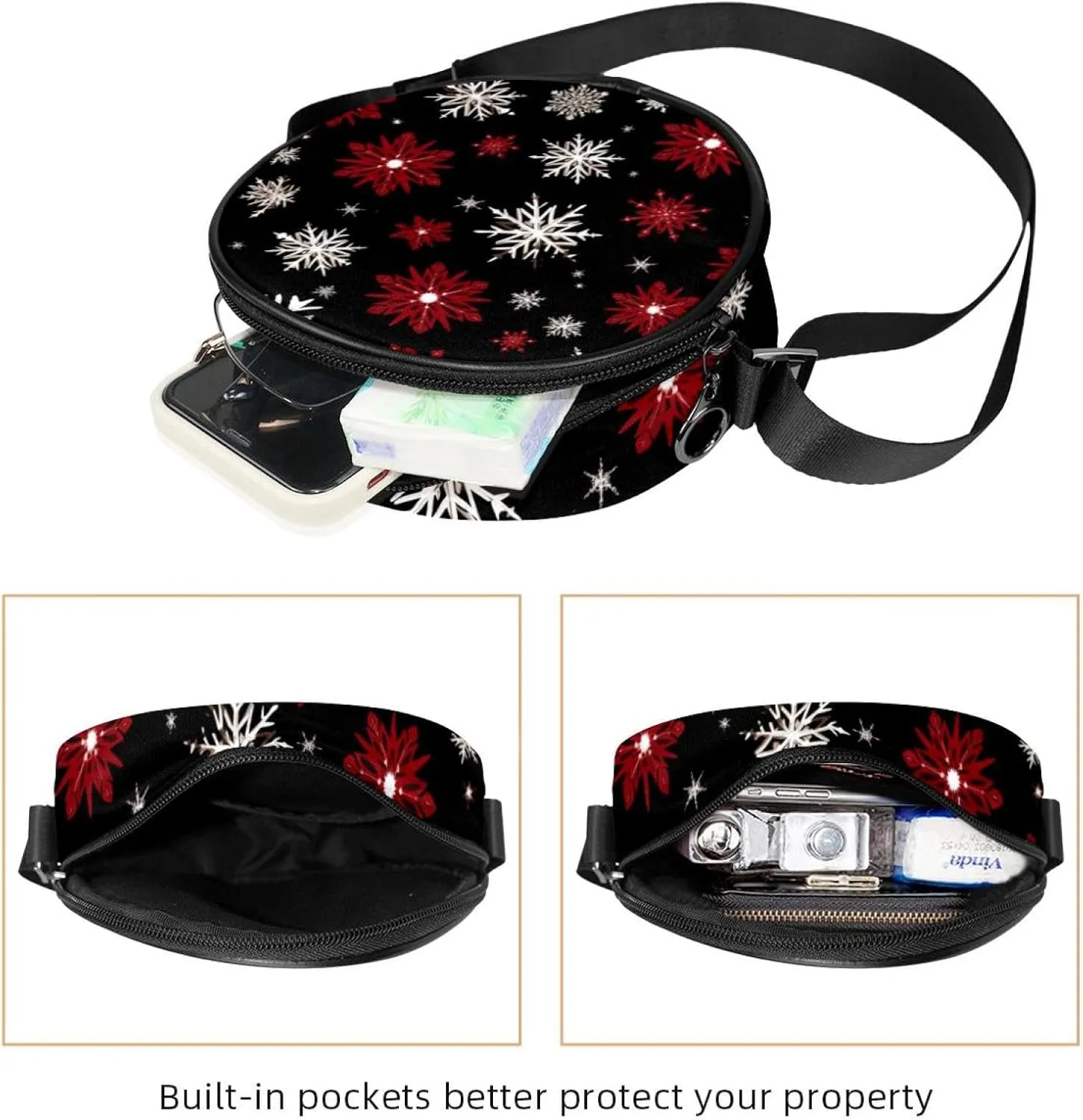 Women Fashionable Crossbody Bag  Versatile Round Bag for Every Occasion, Christmas Snowflake print