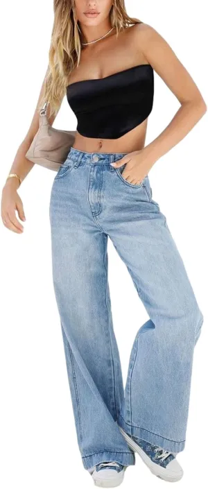 Women High Waist Baggy Jeans Wide Leg Denim Jeans Straight Casual Loose Trousers with Pocket Classic Streetwear (Dark Blue, XL)