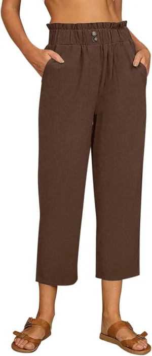Women Linen Blend Summer Breathable Pants High Waist Wide Leg Slim Fit Trousers Business Work