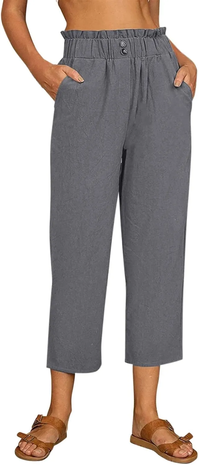 Women Linen Blend Summer Breathable Pants High Waist Wide Leg Slim Fit Trousers Business Work