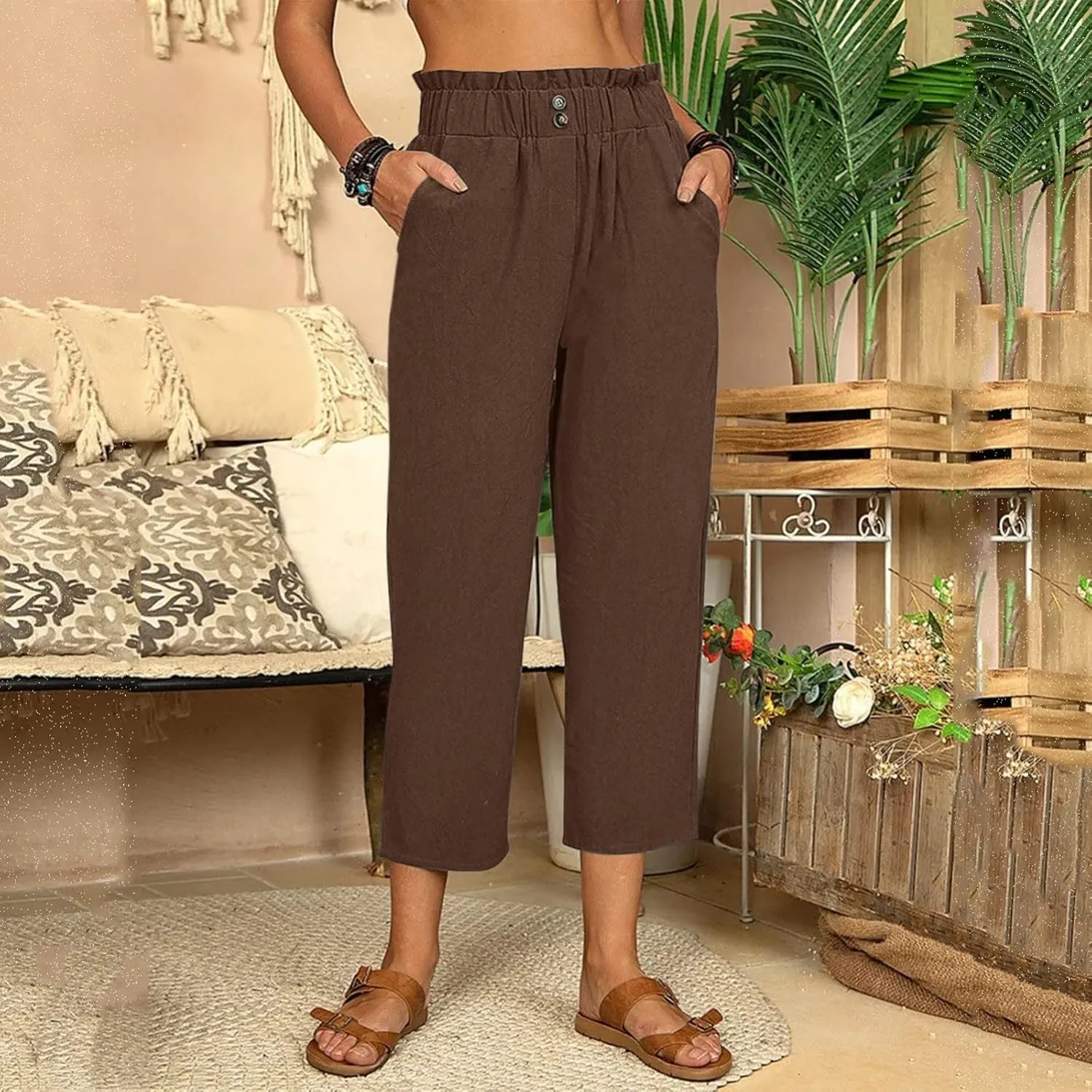 Women Linen Blend Summer Breathable Pants High Waist Wide Leg Slim Fit Trousers Business Work